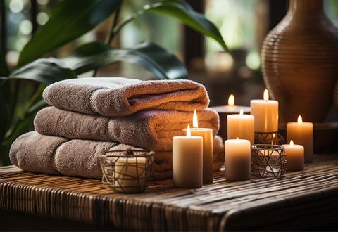 brown folded towels on bamboo table with candles